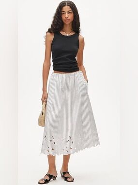 J. Crew Blue and White Striped Midi Skirt with Lace Hem